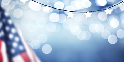 Patriotic Star String Lights with Blurred American Flag