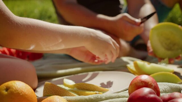 Father with daughter enjoying picnic, child reaching for fruit slices on plate. Dad preparing fresh melon while daughter helps arrange pieces. Hands working together to serve fruit during outdoor