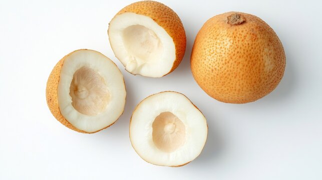 Top down view of whole halved santol fruits white pulp on a white background Southeast Asian tropical fruit sometimes available in American grocery markets cut out on isolated transparent background