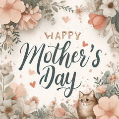 A heartfelt Mother's Day banner with "Happy Mother's Day" text in elegant, flowing script at the center, surrounded by soft pastel floral arrangements, gentle heart accents,a peaceful bokeh background