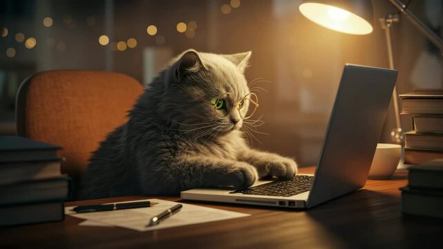 Cute cat sitting at desk typing and sipping coffee  