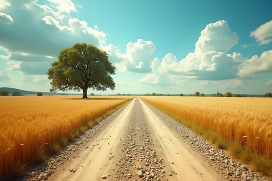 Golden wheat field landscape with dirt road and tree under blue sky nature photography image stock photo silhouette