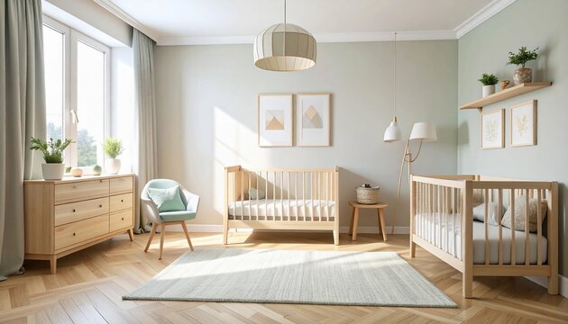 Serene Scandinavian Nursery Twin Cribs  Natural Light