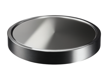 Metallic circular podium with ribbed sides for product display on transparent background