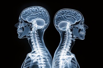 Two translucent human heads face opposite directions, black background. For medical illustration, anatomical study, or mental health concepts.