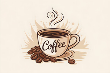 Steaming cup of coffee with coffee beans and abstract background