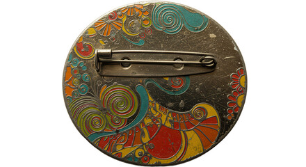 Back of round colorful enamel brooch pin isolated on white background