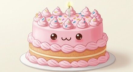Adorable Pink Birthday Cake with Candle and Sprinkles Cute Kawaii Dessert Illustration