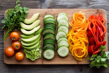 Sliced and chopped fresh vegetables making a colorful rainbow on cutting board