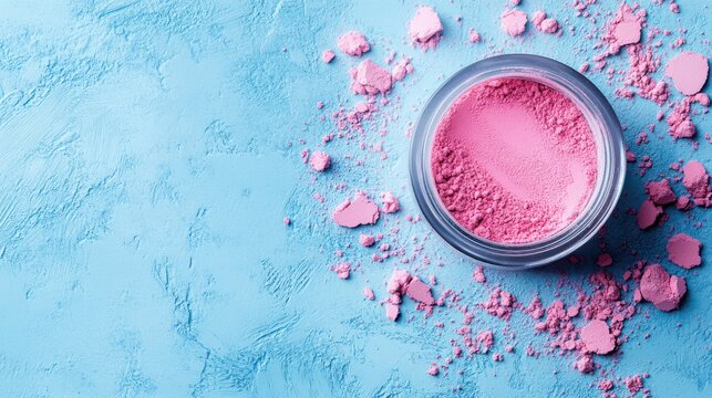 Pink blush powder on blue background. Beauty product photography for makeup tutorials
