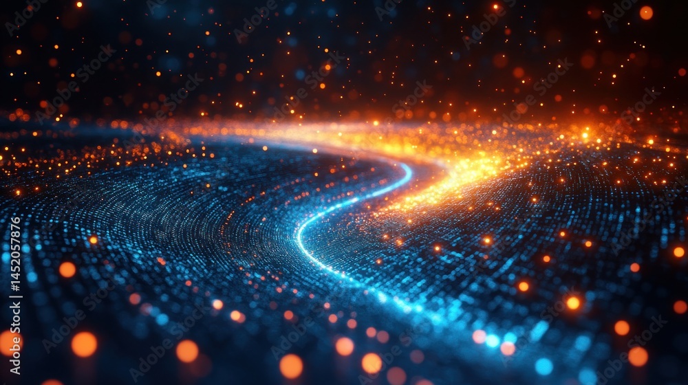 Poster abstract digital wave of light and energy: a mesmerizing visual of swirling particles in vibrant blu