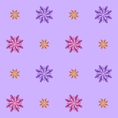 Unique flower pattern unfolds in vibrant hues across a seamless lavender backdrop
