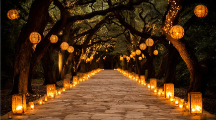 park at sunset, illuminated by AI art-inspired lanterns and glowing pathways