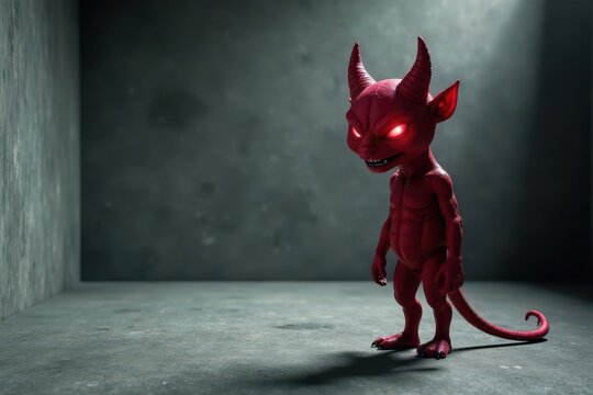A malevolent miniature devil figure with glowing eyes stands in a dimly lit concrete room
