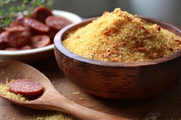 Slices of sausage and grain displayed in wooden bowls, capturing a culinary feast.
