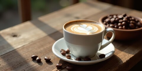 Fototapeta premium Aromatic Latte with Coffee Beans on Rustic Wooden Table in Sunlit Setting