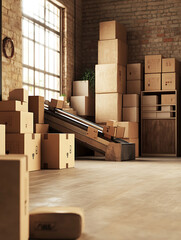 Cardboard boxes fill a room with exposed brick and a large window some transported by conveyor.