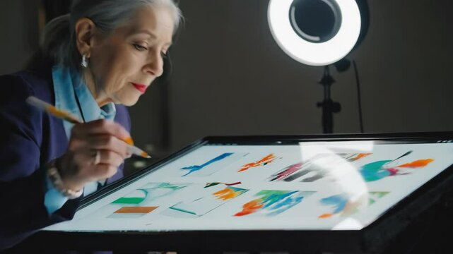 Stylish senior woman designing on touchscreen tablet under ring light, showing digital creativity, professional fluency and modern artistic engagement in visual content creation
