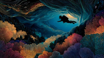 World Oceans Day : Diver Entering an Underwater Cave