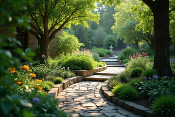 Beautiful garden pathway landscape design ideas and stone walkway with lush green trees and flowers view silhouette