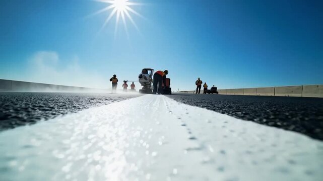 Pavers carefully paint fresh lines on the road, their steady hands shaping order amid bustling city streets.