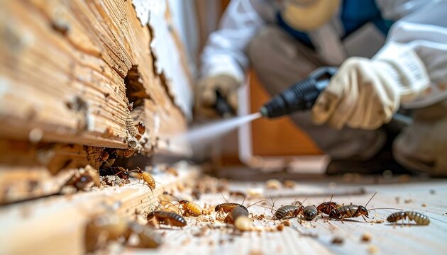 A pest control worker wearing protective gear and gloves is spraying termite treatment