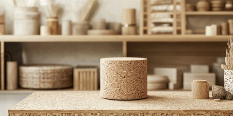 a kitchen with a counter and shelves in the background 
