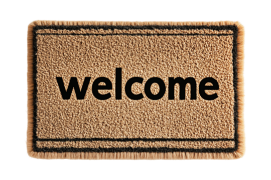Rectangular woven doormat with "welcome" text on transparent background