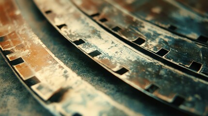 A close-up of damaged, vintage film strips with square sprocket holes.