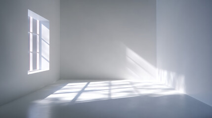 Fototapeta premium Sunlit Empty Room: Sunbeams streaming through a window illuminate a blank, uncluttered space, creating a serene and minimalist atmosphere.