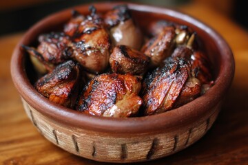 Obraz premium Close-up shot of grilled chicken hearts, expertly cooked and served in a rustic bowl.