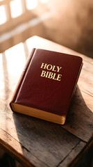 A classic Holy Bible displayed on a wooden table. The book is illuminated by soft, natural light, highlighting its gold-lettered title.