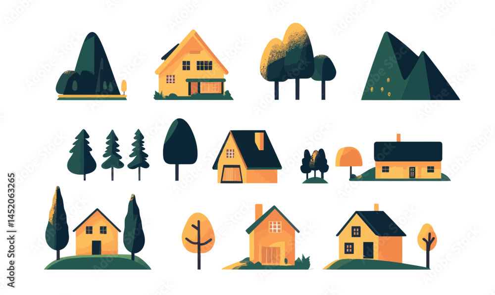 Poster minimalist vector collection of houses and trees in flat architectural style