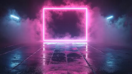 Obraz premium Neon square frame, smoky, wet floor, vibrant colors
