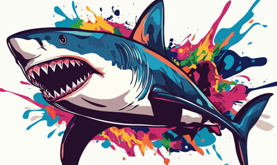 Naklejka premium Vibrant Colorful Shark Illustration with Dynamic Paint Splashes in Minimalist Vector Style