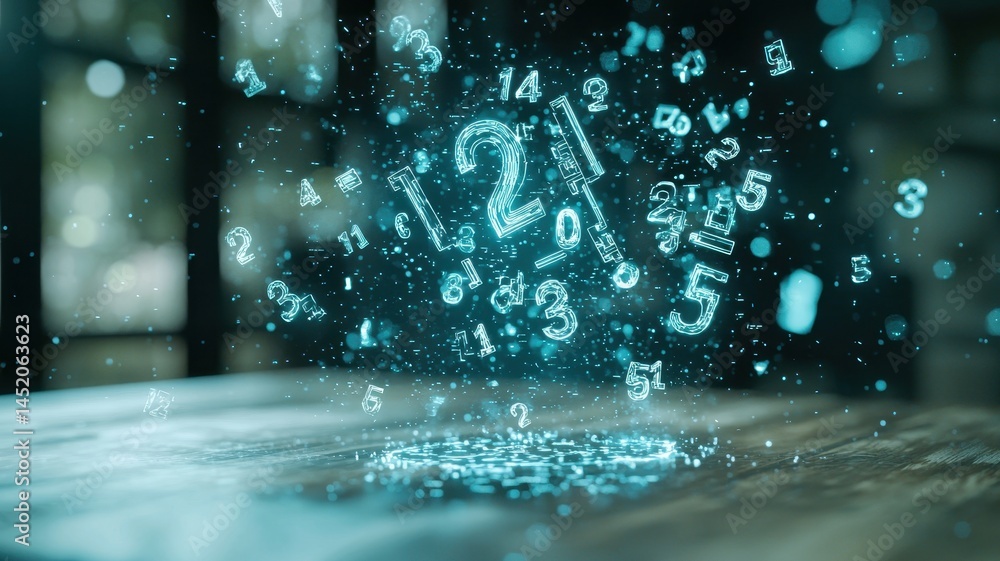 Poster a glowing cluster of floating numbers hovers above a tabletop in a futuristic, digital atmosphere.