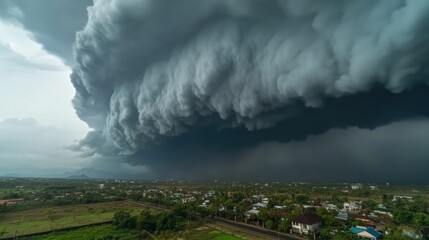 A dark storm cloud hangs ominously over a rural village. Weather event.