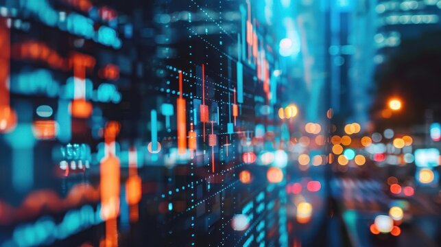 Financial data displayed on a large screen, blurred city lights in the background