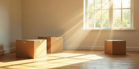 Fototapeta premium Sunlit Empty Room with Cardboard Boxes Ready for New Beginnings