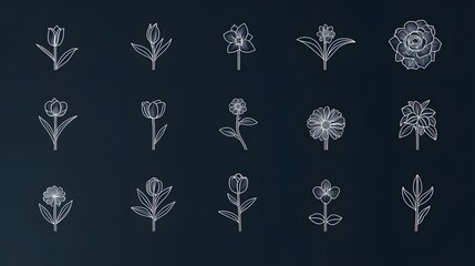 A set of colorful flowers with a neon glow. The flowers are arranged in a row and are of various sizes