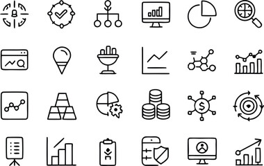 Detailed analysis themed vector icon set in a minimal outline style suitable for web design data analytics apps financial reporting and information visualization