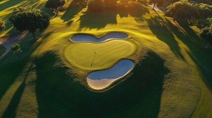 Aerial Golf Course Putting Green Sunset Shadows