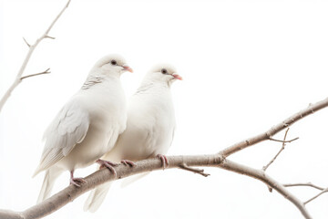 Obraz premium Two doves perched on branch on white background