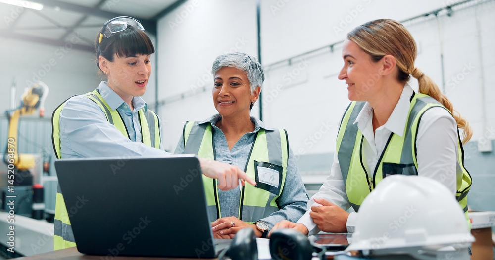 Poster engineer, women team and technology in meeting for planning, discussion or communication at factory.
