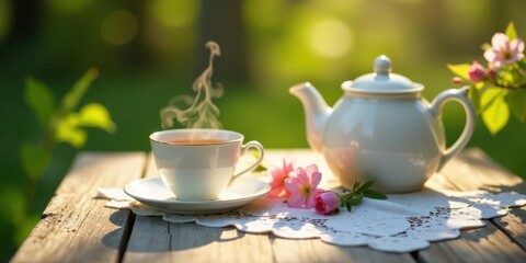 Fototapeta premium A serene outdoor tea setting with a steaming cup and teapot, adorned by delicate springtime blossoms on a rustic wooden table