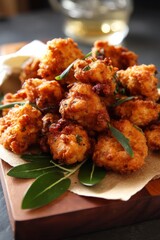 Fototapeta premium Delicious, golden fried fritters with fresh herbs served on a wooden board, ready to eat.