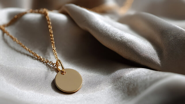 Gold chain necklace with circular pendant on a satin fabric, minimal elegance. Ideal for fashion blogs, jewelry advertising, personal style content.