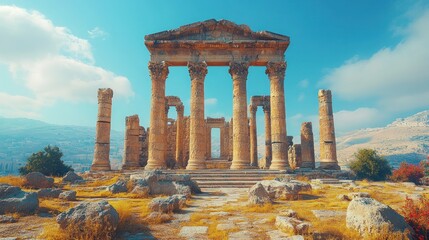 Obraz premium Ancient Temple Ruins, Sunny Day, Mountain View, Historical Site