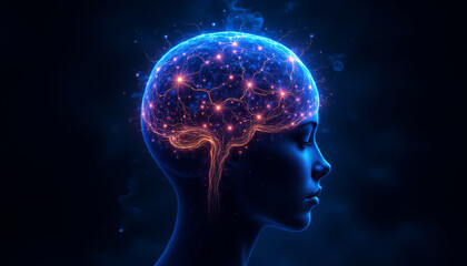 Glowing neural network inside human head silhouette showing brain activity and intelligence