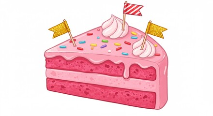 Delicious Pink Birthday Cake Slice with Sprinkles Frosting and Flags